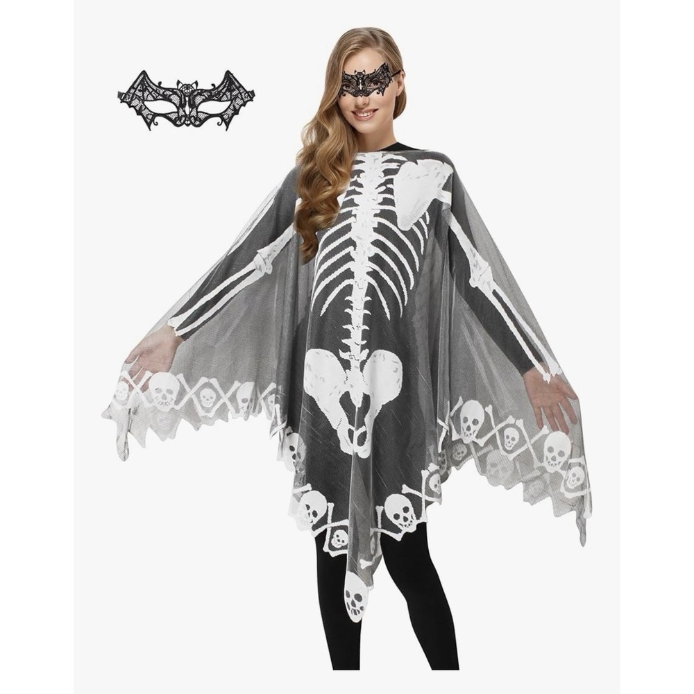 NEW Halloween Skeleton Poncho for Women Lace Cape Shawl with Bat Mask Costume